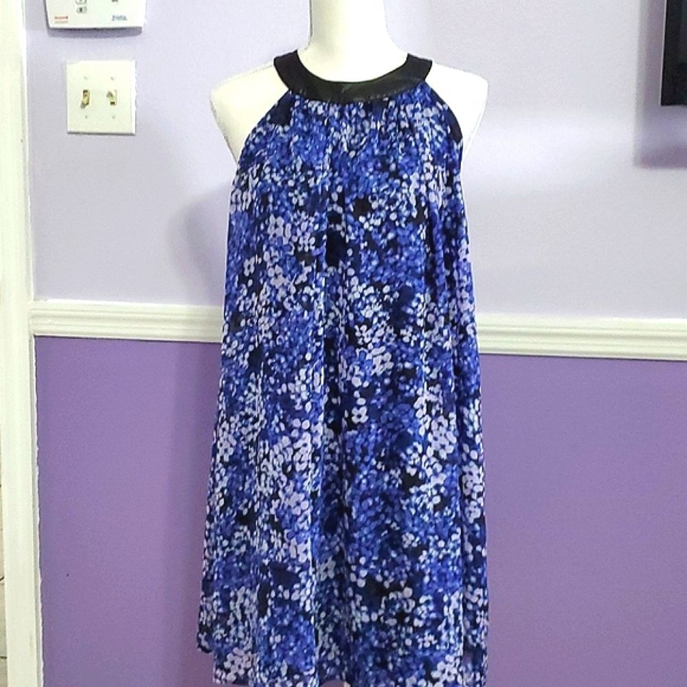Charmin Charlie Blue Floral High-neck Flowy Evening Party Mini Dress S